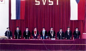 Professors headed by Rector of the Slovak Technical University Prof. Fryštacký and dean of the Electrotechnical Faculty Doc. Molnár (June 1990) Professors headed by Rector of the Slovak Technical University Prof. Fryštacký and dean of the Electrotechnical Faculty Doc. Molnár (June 1990)